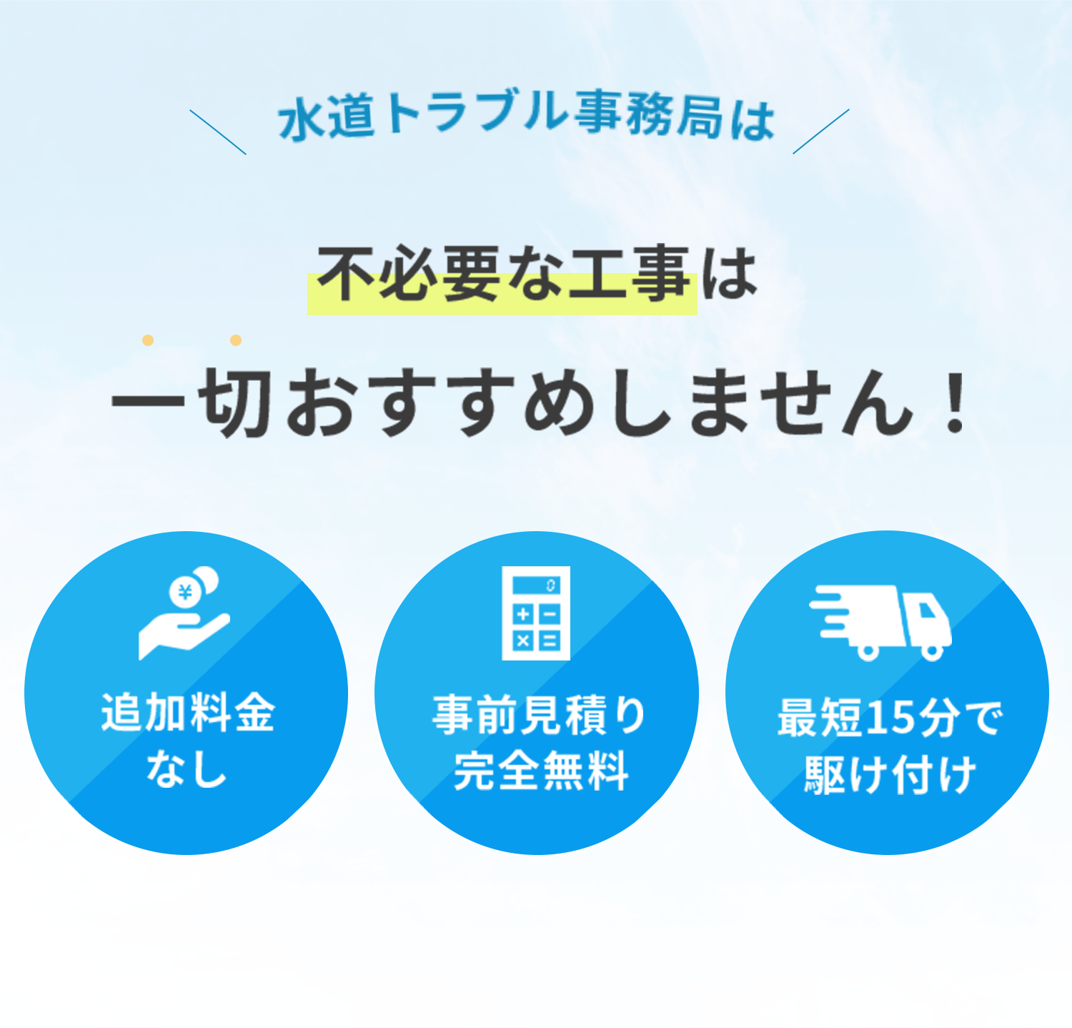 「不必要な工事は一切おすすめしません！」と透明性を強調するデザイン。
追加料金なし、事前見積り完全無料、最短15分で駆け付ける迅速対応をアピール。
背景に青空を使用し、信頼感と清潔感を演出したシンプルで分かりやすい構成。